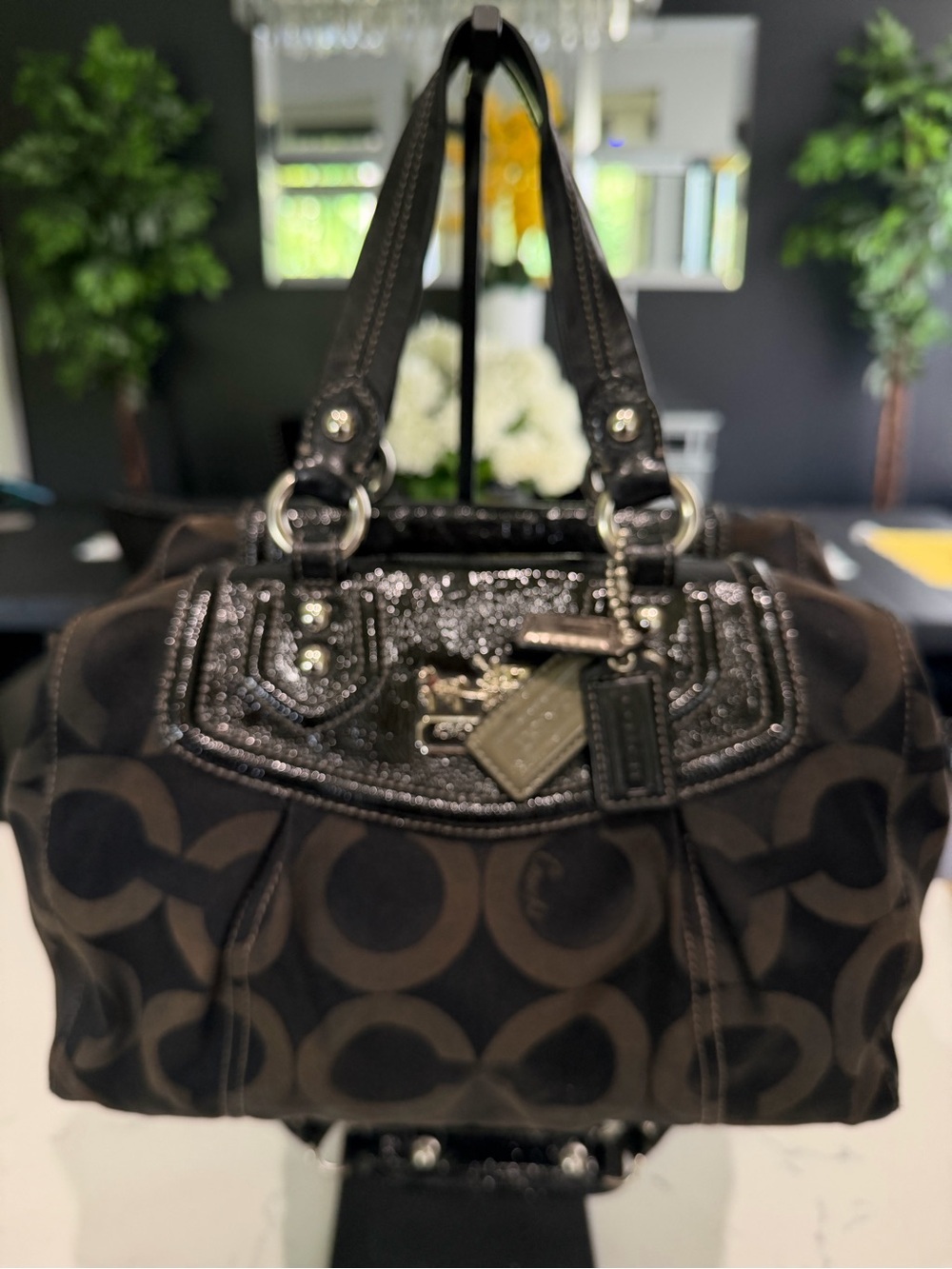 Coach Madison Audrey Black and Brown Signature Canvas Shoulder Bag
